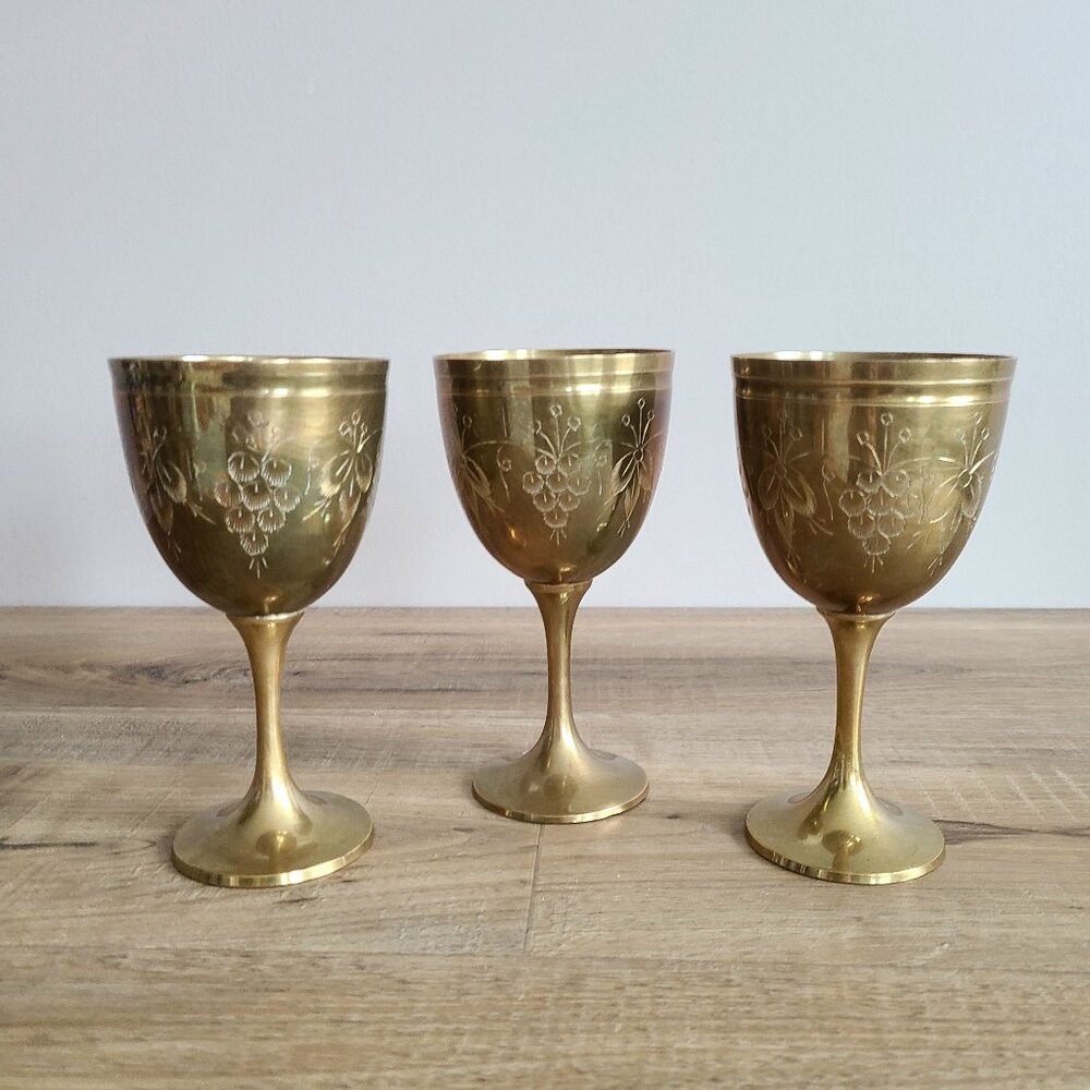 Set of 3 large vintage engraved brass wine goblets grapes and leaves design.